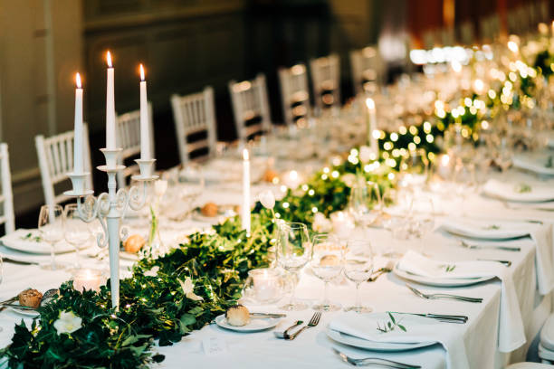 White wedding table setup decoration with lights in Bucharest, Bucharest, Romania